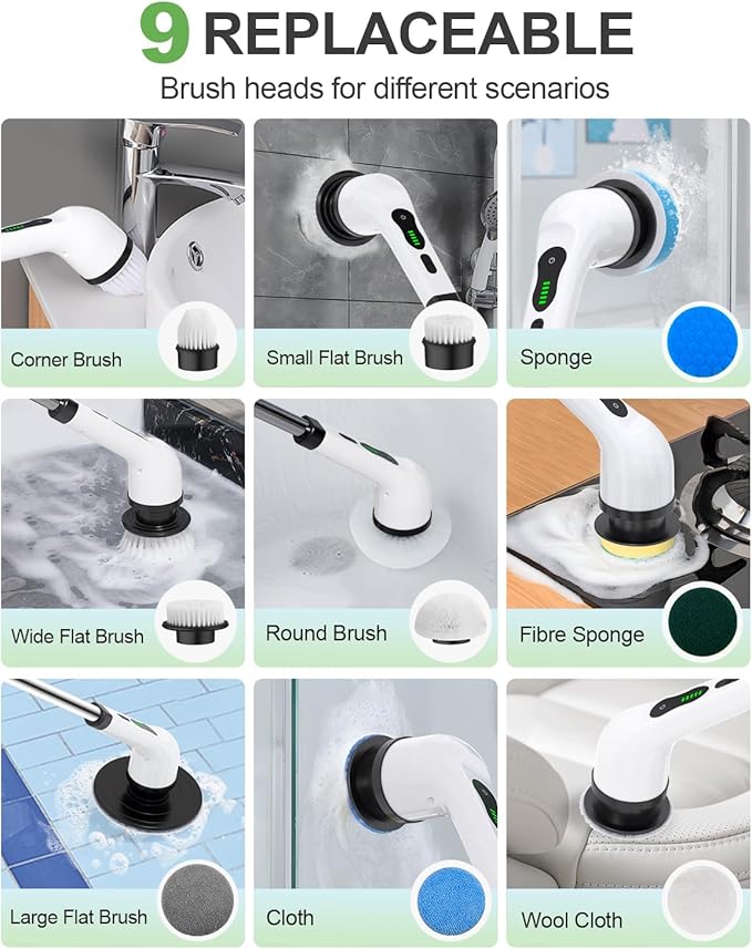 Electric Spin Scrubber with 9 Brush Heads – Cordless, Waterproof & Extendable