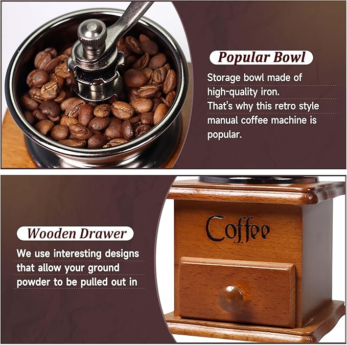 Vintage Manual Coffee Grinder – Wooden Hand Crank Mill for Espresso & French Press