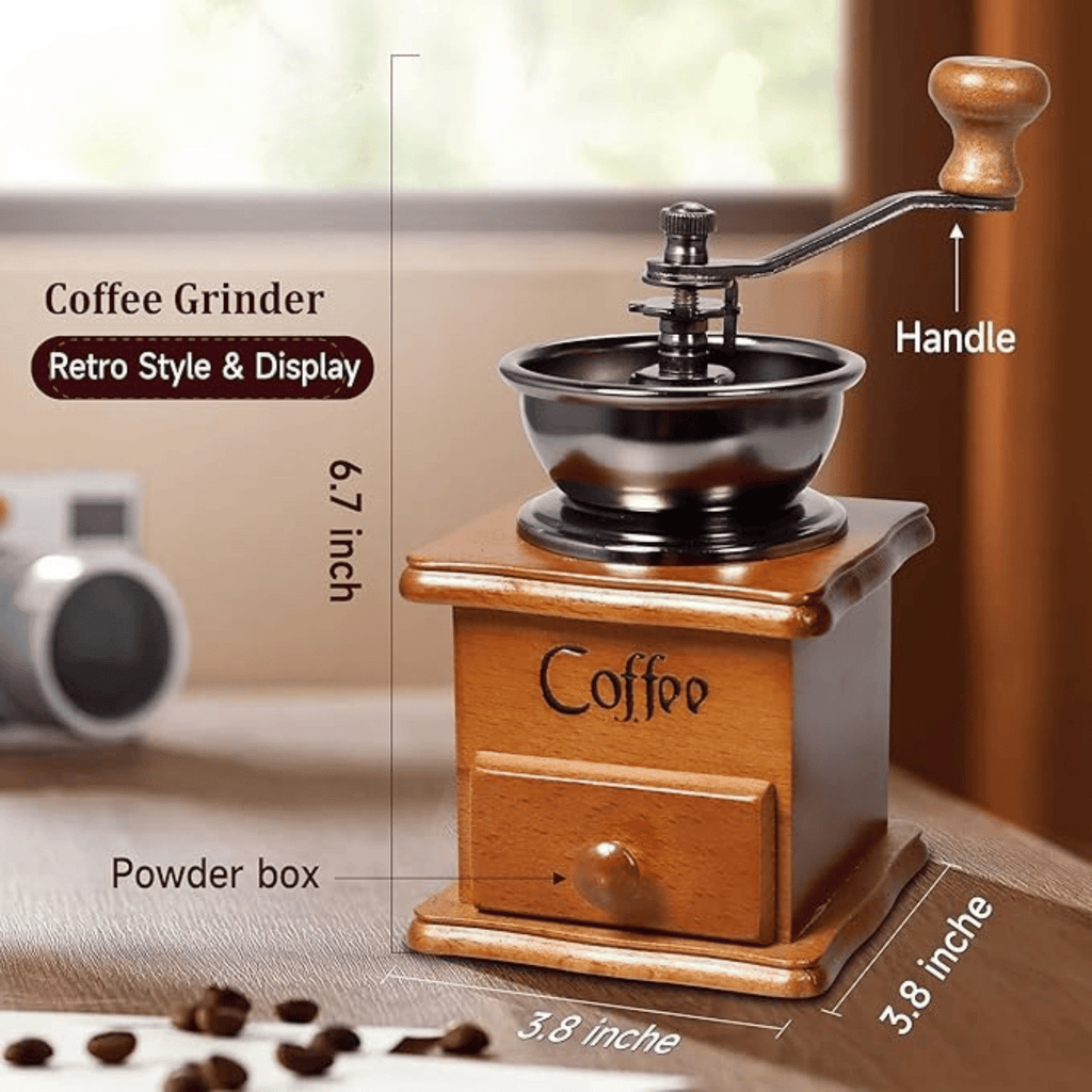 Vintage Manual Coffee Grinder – Wooden Hand Crank Mill for Espresso & French Press