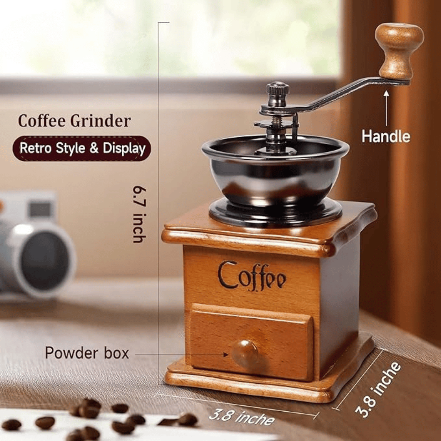 Vintage Manual Coffee Grinder – Wooden Hand Crank Mill for Espresso & French Press