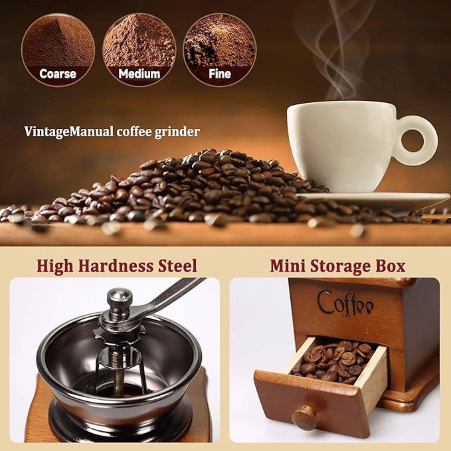 Vintage Manual Coffee Grinder – Wooden Hand Crank Mill for Espresso & French Press