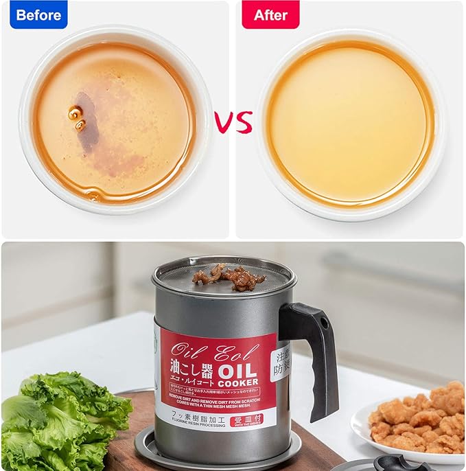 Oil Storage Container with Strainer – 1.4L Grease Keeper for Cooking & Frying