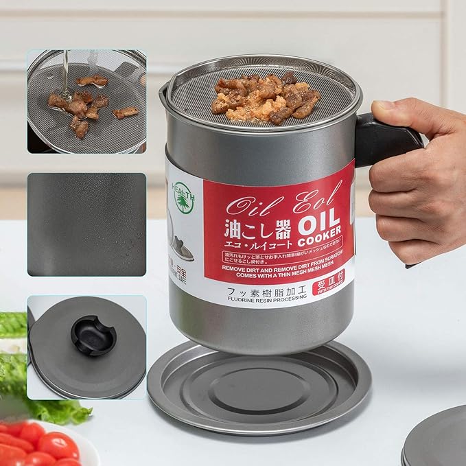 Oil Storage Container with Strainer – 1.4L Grease Keeper for Cooking & Frying