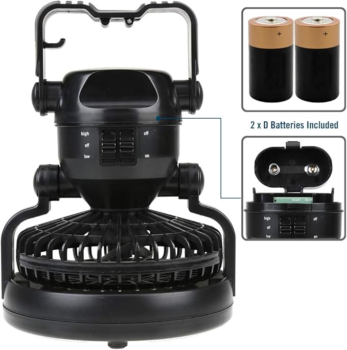 2-in-1 Camping Lantern with Fan – LED Light, Battery Powered