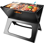 Black X-type foldable charcoal grill with skewers cooking on a chrome-plated cooking surface