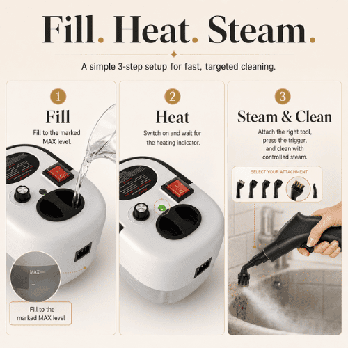 Portable Steam Cleaner Deep Clean Hard-to-Reach Areas without hours of scrubbing