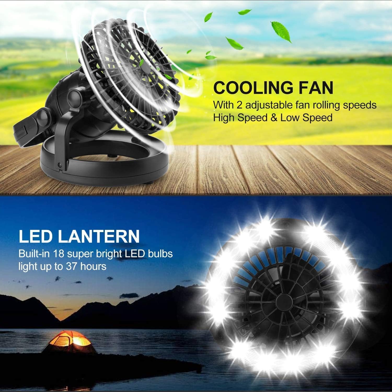 2-in-1 Camping Lantern with Fan – LED Light, Battery Powered