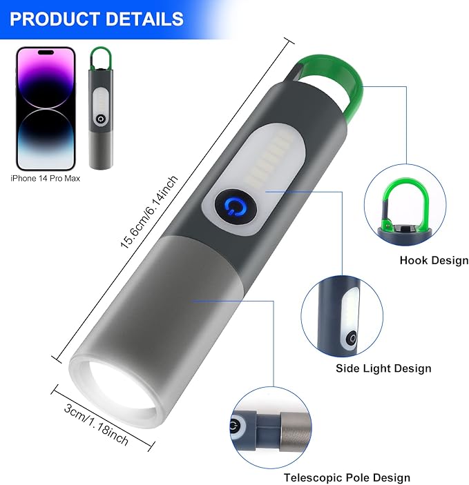 Rechargeable USB-C LED Flashlight – Zoomable, High Lumens, 4 Modes, Side Light