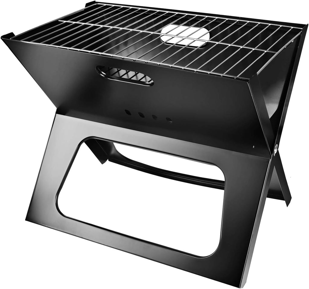 Black X-type portable charcoal BBQ grill fully assembled on a white background