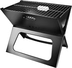 Black X-type portable charcoal BBQ grill fully assembled on a white background
