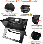 Infographic detailing the heat resistant iron material and airflow vents of a black portable charcoal barbecue grill