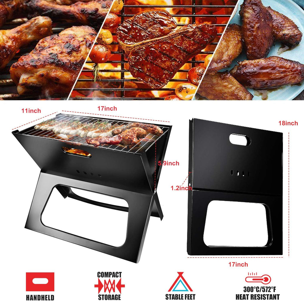 Infographic showing 17 by 11 inch dimensions and features of the black foldable charcoal grill