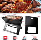 Infographic showing 17 by 11 inch dimensions and features of the black foldable charcoal grill