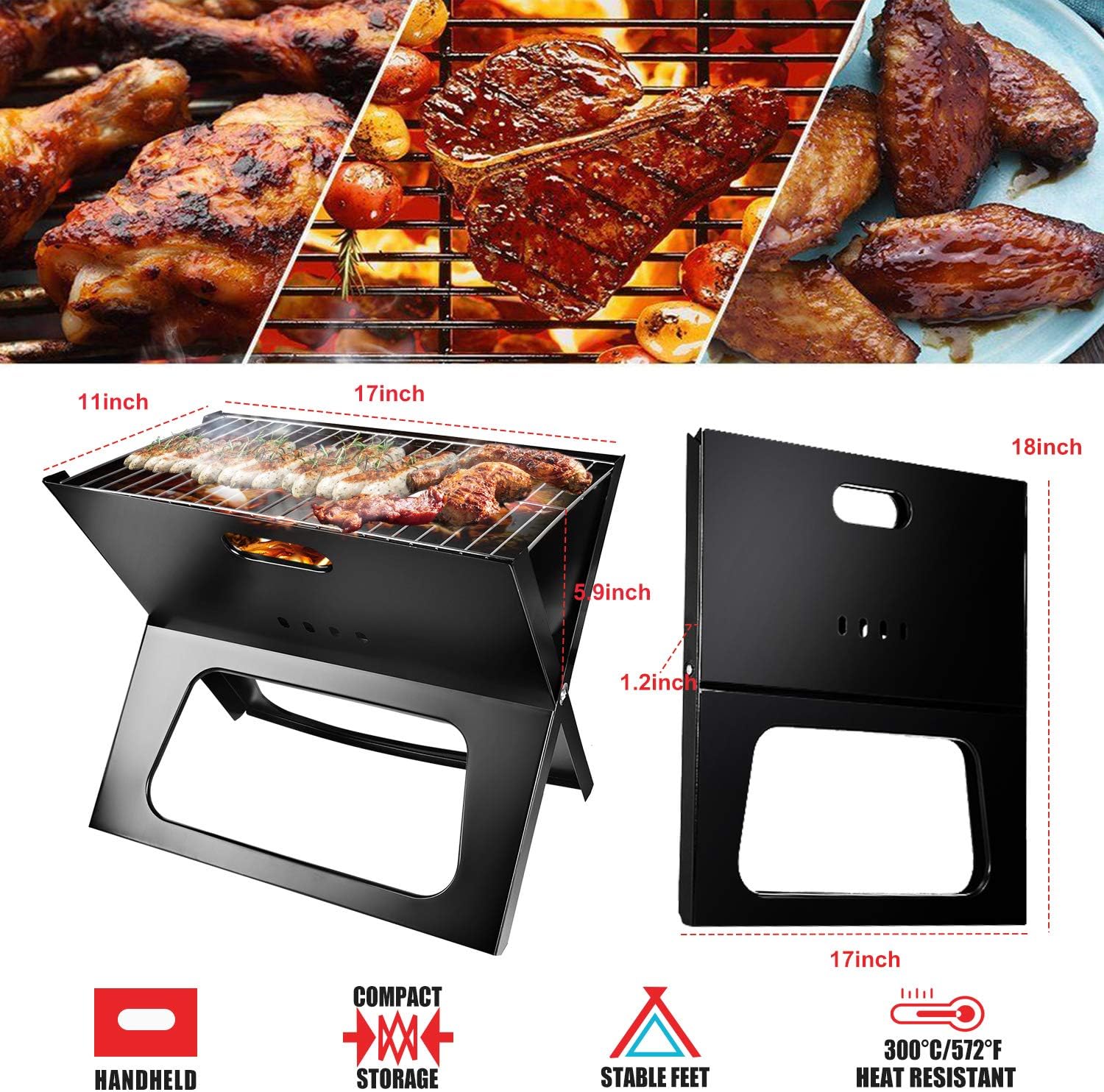 Infographic showing 17 by 11 inch dimensions and features of the black foldable charcoal grill