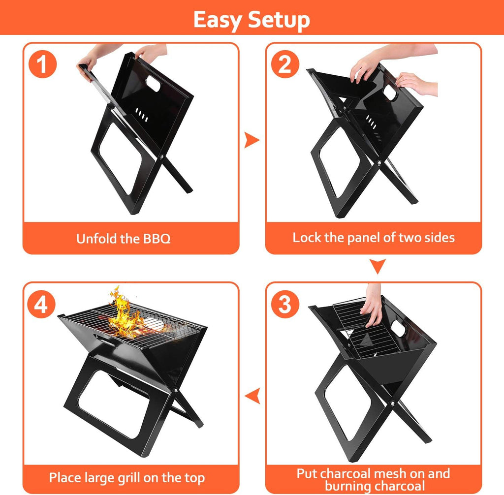 Four step easy setup guide for the portable foldable charcoal barbecue grill