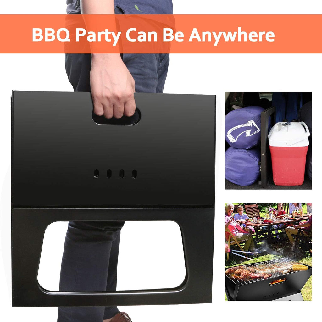 Person carrying a folded black charcoal barbecue grill next to images of camping gear and an outdoor picnic